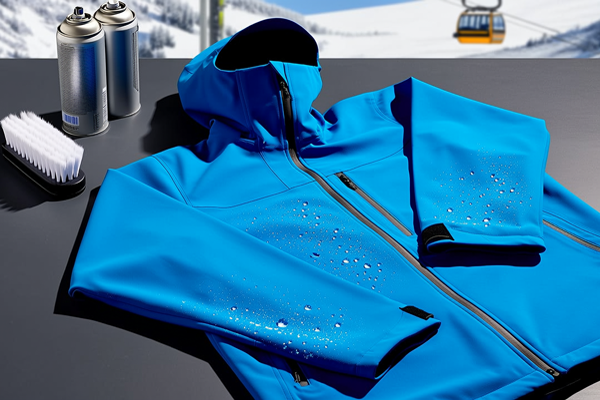 Applying waterproofing spray to ski jacket